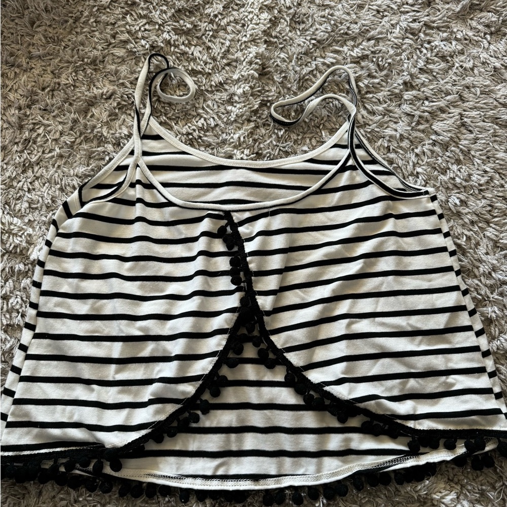 Cute White & Black Striped Tank Top with Open Back and Fringe Design
